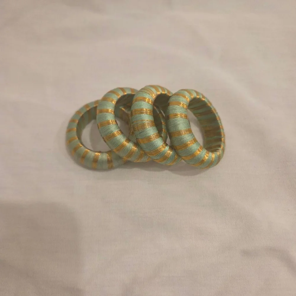 Light Green Gold Striped Napkin Rings Set of 4